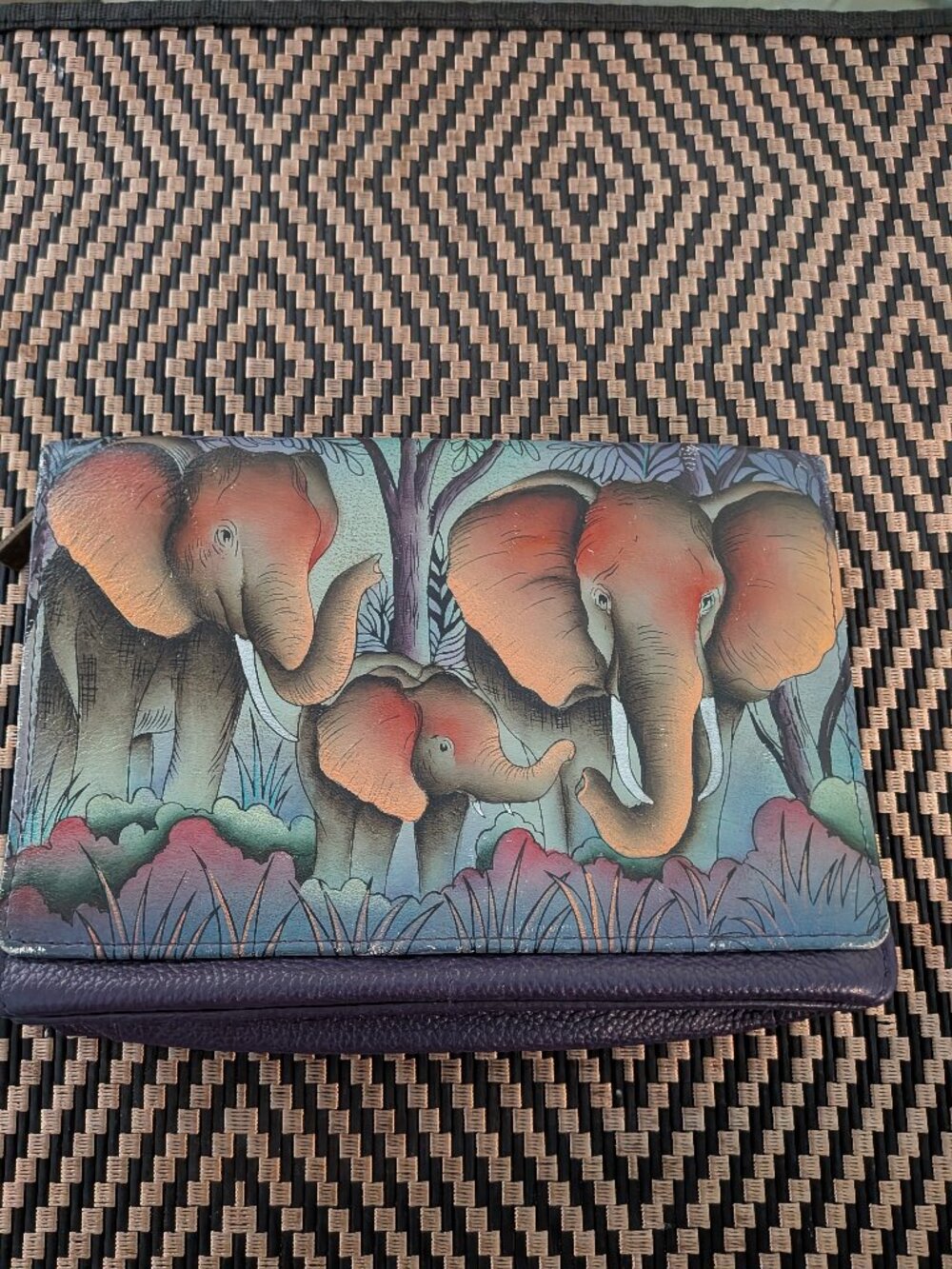 Anuschka Hand-Painted Leather Elephant Family Crossbody Wallet Clutch Purple